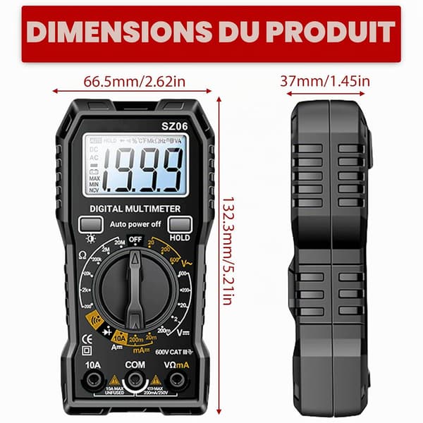 600V digital multimeter, voltmeter, kontinuitetstestare, med vikbart stativ och testkablar för AC/DC-spänning, DC-ström, resistans