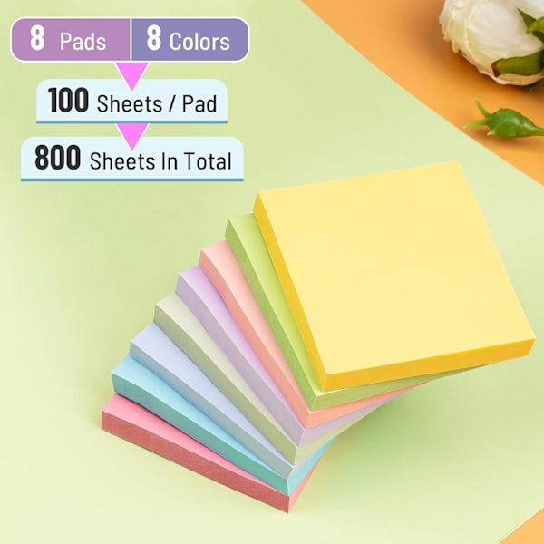 8 Tarraa, Liimapaperit 3x3 Tuumaa, 800 Arkkia, 8 Väriä Liimapaperipaketteja, Premium Liimapaperit, Liimapaperit Paketti, Itseliimautuvat Liimapaperit, 100 Arkkia/pakkaus