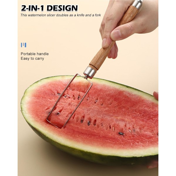 2 ST 2-i-1 Vattenmelon Gaffel Skivare Skärare, Dubbelhuvud Rostfritt Stål Vattenmelon Skivare Gaffel, Vattenmelon Skärare Skivare Verktyg, Fruktskärningsgaffel för Sum