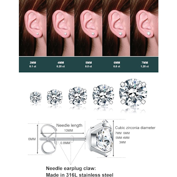 5 par ørestikker sæt, allergivenlige kubiske zirkonia 316L øreringe rustfrit stål CZ øreringe 3-8mm (stål farve)