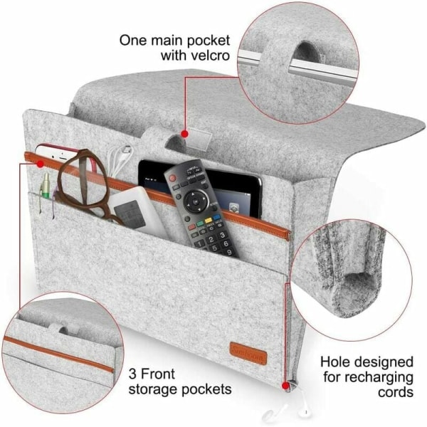 (Ljusgrå) Sängbordspåse med arkarrangör för fjärrkontroller, surfplatta