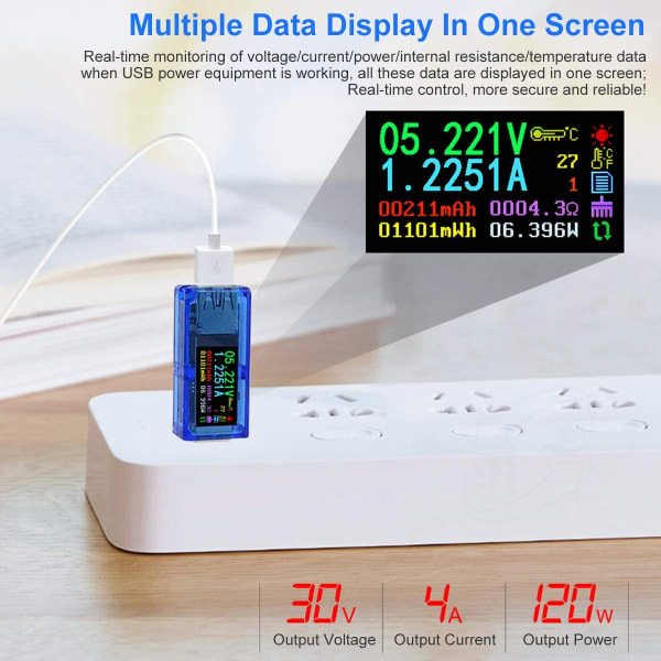USB Digital Spændingstester Multimeter 3.7-30V 0-4A USB Digital Strøm- og Spændingstester AT34 Opgraderet Opladerdetektor