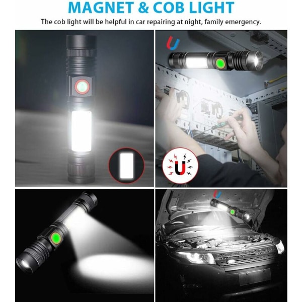 USB Genopladelig LED Lommelygte, COB Super Lys Vandafvisende Lommelygte
