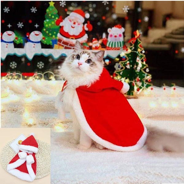 1Pcs Christmas Cat Dog Costume Pet Cape, Cat Cloak with Xmas Hat, Soft and Thick Red Velvet Apparel for Cats and Puppy,