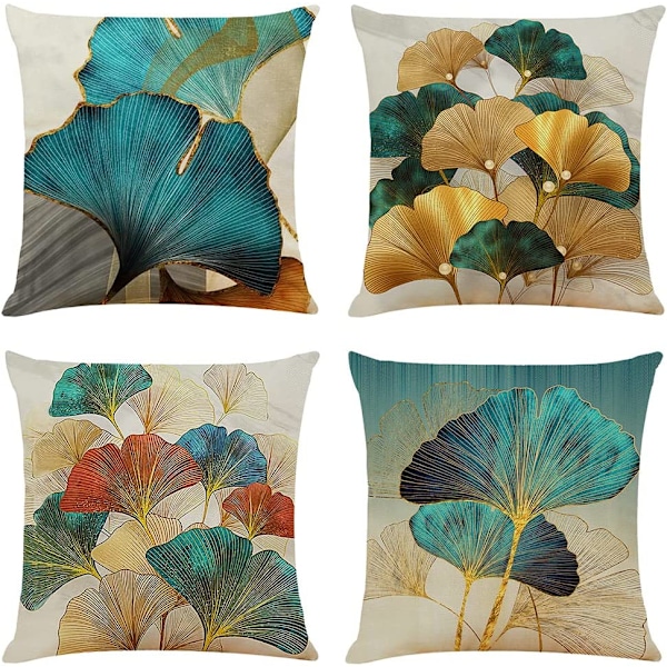 Set med 4 Gyllene Ginkgo Dekorativa Kuddfodral Moderna, Tryckta Kuddfodral 45x45 Turkos och Guld Linne Örngott Dekorativa Soffkuddar