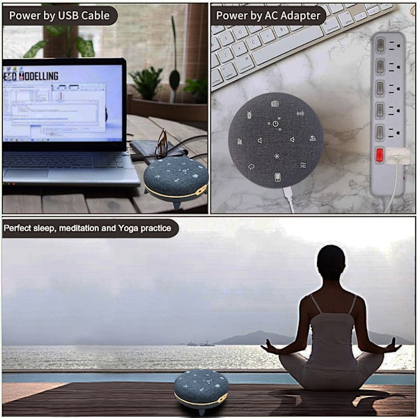 Afslapningshjælp, Hvid Støj Maskine med 7 Soothing Lyde, Musik Streaming via Bluetooth, 8 Lys Ambiancer, 30-60-90 Min Programmer, USB-C