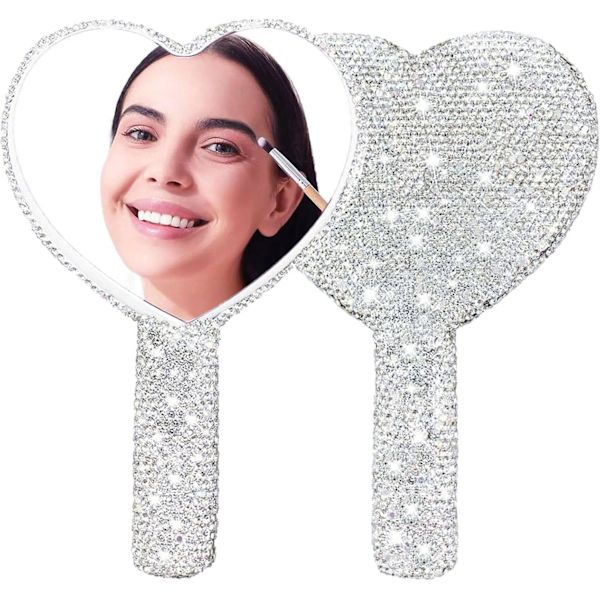 Stort Rhinestone Håndholdt Spejl Hjerte Bling Glitter Kosmetisk Blændende Bærbare Håndspejle med Håndtag til Kvinder Bryllup Sølv Hvid