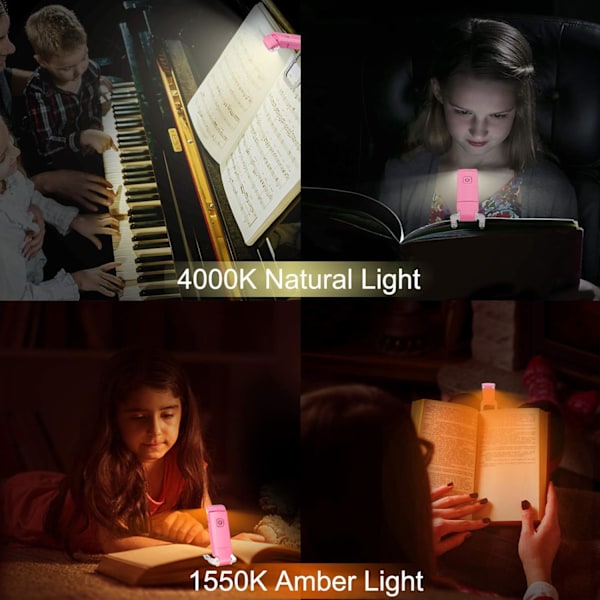 USB Uppladdningsbar Boklampa för Läsning, Liten Bokläslampa i Sängen, Clip On Bokmärke Barnlampa för Sängen, Justerbar Ljusstyrka för Ögonvård, 2 4000K