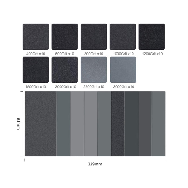 Sandpapir, (90 papir) 400 til 3000 kornvand/tørt sandpapir 9 x 3,6