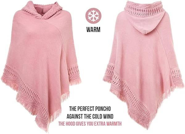 Stiligg og varm heklet poncho med hette (rosa) for høst og vinter