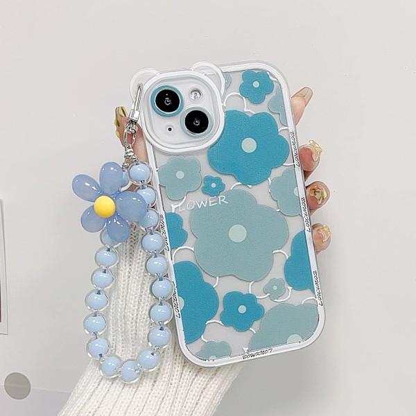 Kompatibel för iPhone 13 Skal Transparent Blommig Björnkameras Objektivskal med Söt Blommig Armbandskedja för Kvinnor Flickor Mjuk TPU Stötsäker Skydd - Blå