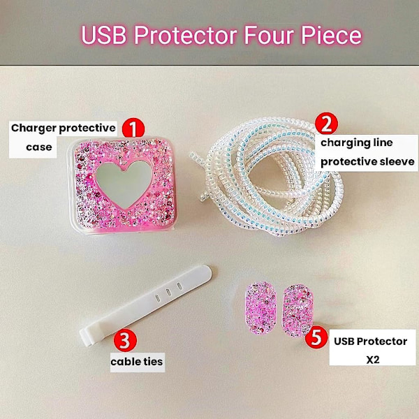 Glitterkabelskydd för iPhone-laddare Dekoration med söt kärlekshjärta-spegeldesign, Lyxig glänsande mjuk datakabel USB-trådskydd Laddare Sladd