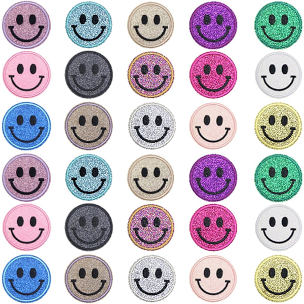 30 stk. Paillet Runde Smiley Ansigt Chenille Mærker Søde Strygemærker til et Bredt Udvalg af Stof Tøj DIY Projekter