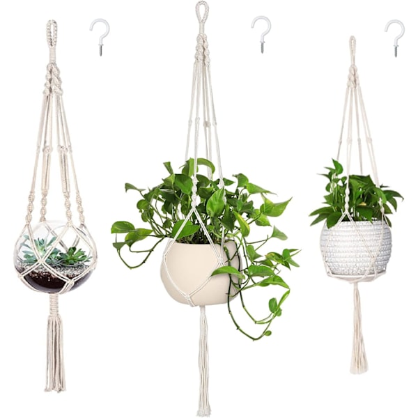 3-pack Växtupphängning Inomhus Hängande Planteringskärl för Växthållare med 3 Krokar, Olika Storlekar för Boho Heminredning, Elfenben (KRUKOR INGÅR EJ)