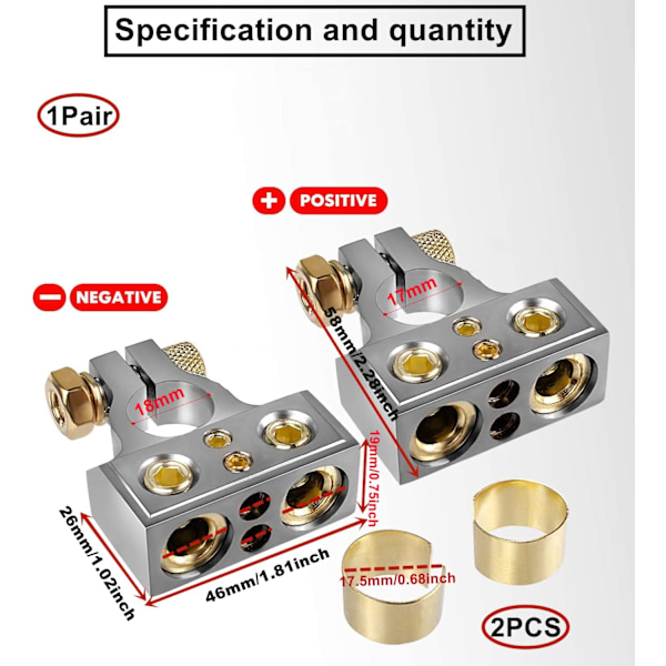 Par med bilbatteripoler, sett med bilbatteripoltilkoblinger, positiv og negativ batteripol med slitesterk vanntett gjennomsiktig skall i sølv