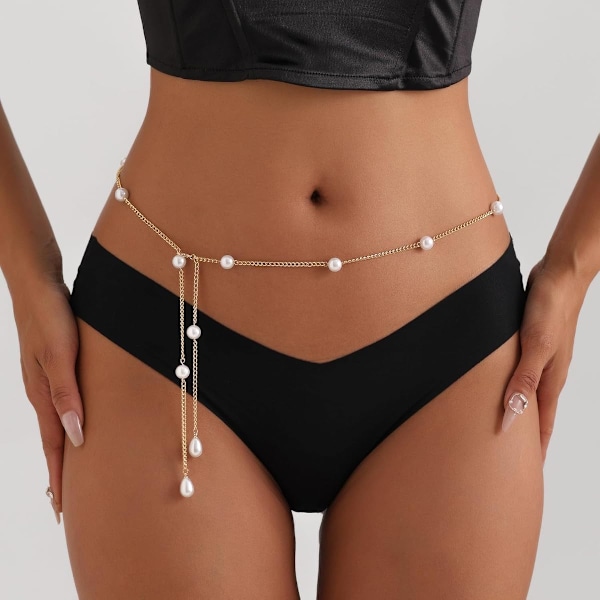 Bohemsk Falsk Perle Bikini Kroppskjede for Kvinner Justerbar Vanntett Mage Midje Smykker Lagdelt Cubic Zirconia Badedrakter Strandkjeder Sommerfestival