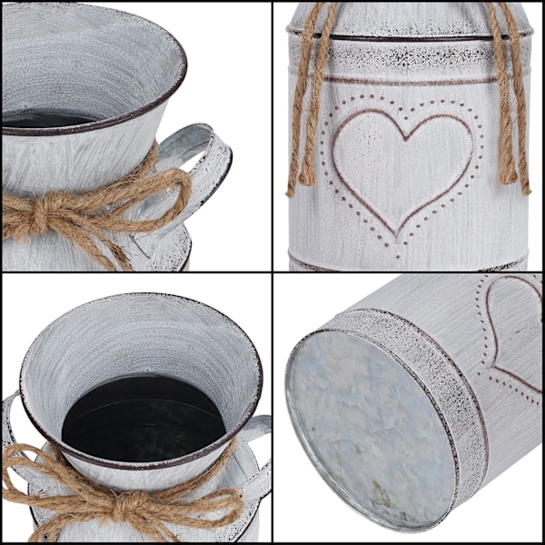 Vintage-tyyliinen Metallikukkavasi - 10,3 x 19 cm - Vintage Shabby Chic Maalaistyylinen Valkoinen Maitopannu Sydämin - Koristeellinen Sinkkipannu Kotiin/Hääjuhliin