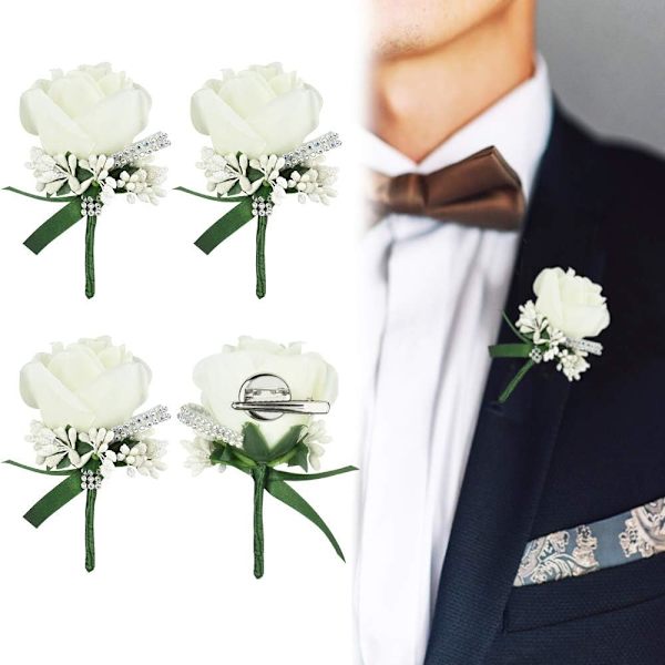 Sæt af 4 Mænds Bryllupscorsage Hvid Blomst Corsage Kunstig Blomst