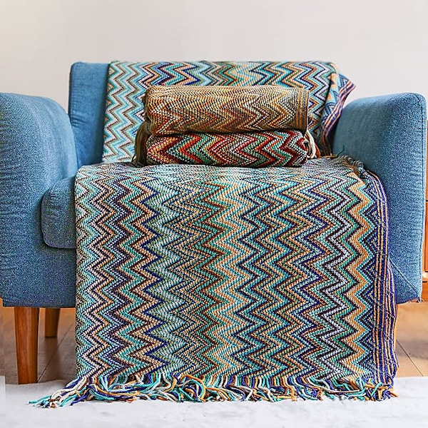 Boho Pläd, Stickad med Fransar för Utomhus, (Blå 50x60