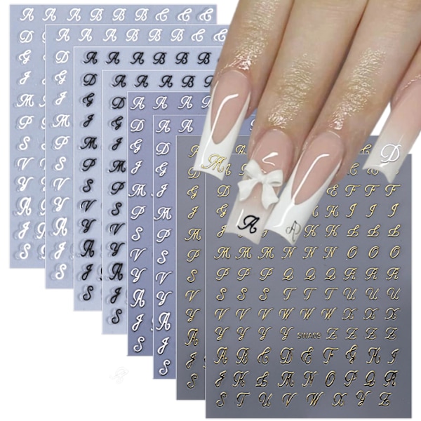 8 Ark Retro Engelska Bokstäver Nagelstickers för Nagelkonst 3D Självhäftande Svart Vit Guld Silver Design Nageldekaler Pegatinas Uñas för Kvinnor DIY Ma