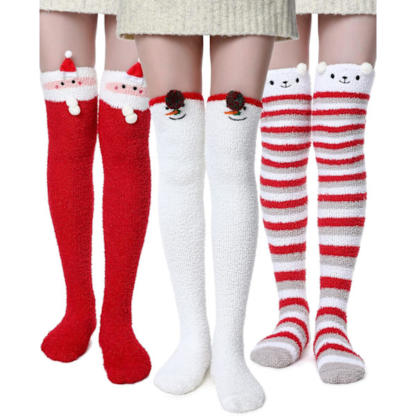 3 Pairs Christmas Thigh High Fuzzy Socks Cute Cartoon Winter Warm over the Knee Stockings Fluffy Snowman Santa Striped W