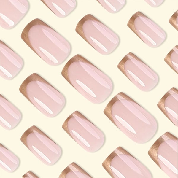 Guld Press-on Naglar Medium Gold French Tip Falska Naglar Kvadratisk Form Falska Nagelspetsar Nude Rosa Full Cover Limma på Naglar Medium Längd Stick-on Naglar Glo