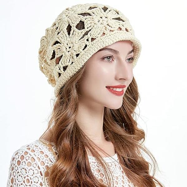 Handgjord stickad slouchy mössa för kvinnor (beige) vår höst