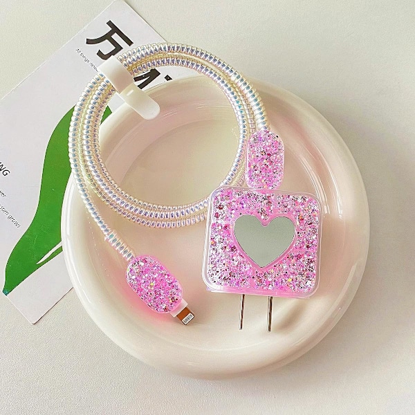 Glitterkabelskydd för iPhone-laddare Dekoration med söt kärlekshjärta-spegeldesign, Lyxig glänsande mjuk datakabel USB-trådskydd Laddare Sladd