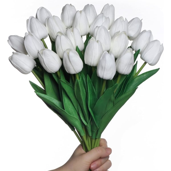 24stk Hvit kunstig lateks tulipan, kunstige brudeblomster Bou