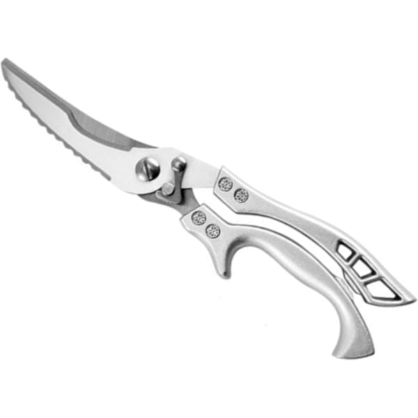 Kraftige køkkensakse i rustfrit stål til en række fødevarer, kylling, and, fisk, kød og knogler. Fuld stålhåndtag for et stærkt greb, skarpe blade f
