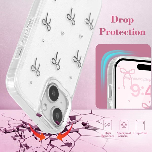 Skal för iPhone 15, Bling Glitter 3D Rosett Telefonfodral Sött Glittrigt Kristallklart Rosett Estetisk Design Skal Slim Mjukt Tåligt TPU Transparent Skydd