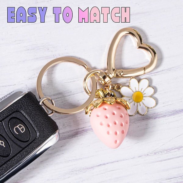 Söt Jordgubbsnyckelring, Väska Charm, Kawaii Hjärta Blomma Daisy Nyckelringar Tillbehör Dekoration för Kvinnor Flickor Plånbok