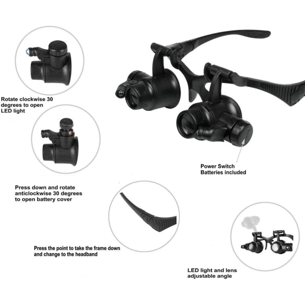 Suurennuslasit 2 LED-valolla, 8 irrotettavalla linssilla, pääpanta