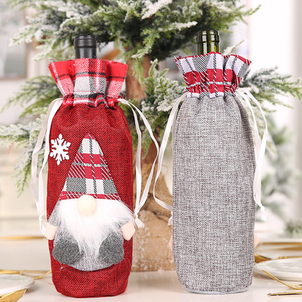 2×Juleposer til vinflasker, rutete linsstil, juleposer