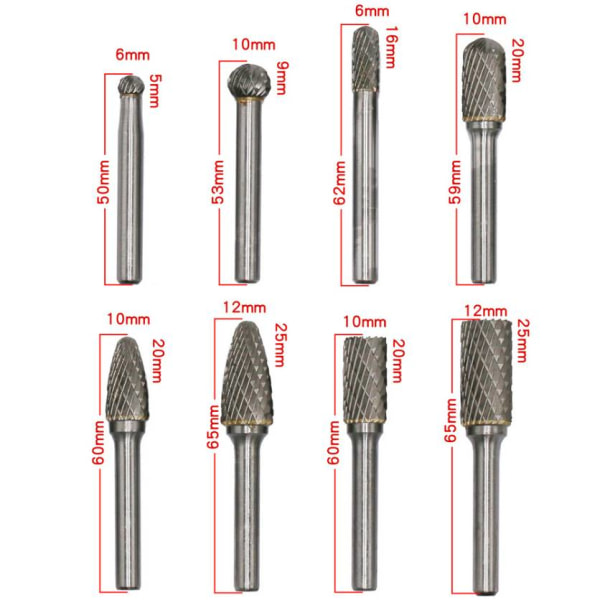 8 kpl Tungsten Carbide -päällä varustettuja kaksoisleikkaavia pyöriviä hiomakärkiä puuntyöstöön