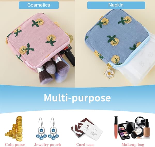 Sanitetsbind Opbevaringspose, 2 stk. Broderi Menstruationskop Pose Bomuld Blød Periode Holder Pose Bærbar Tampon Holder Pad Pose Periode Kit Pose til Kvinder