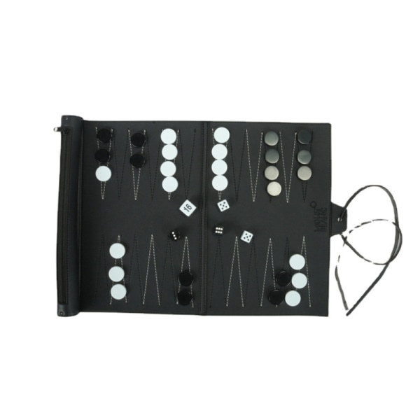 Rulbar Backgammon Brætspil PU Bærbar Skak Sæt (Sort)