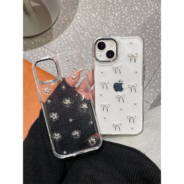 Fodral för iPhone 15, Bling Glitter 3D Rosett Telefonfodral Söt Glittrande Kristallklar Rosett Estetisk Design Fodral Smalt Mjukt Hållbart TPU Transparent Skydd