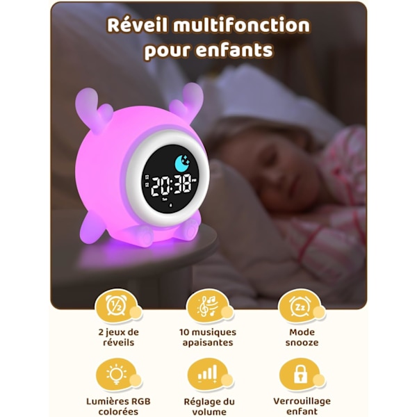 Børnealarmur med uddannelsesmæssig dag/nat-funktion, 2 alarmer/12/24 timer/snooze, justerbar skærmbelysning i 7 farver, digital morgenalarm C