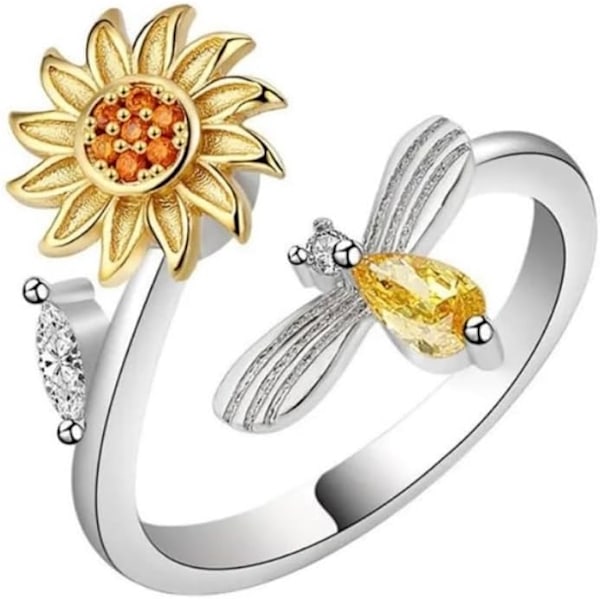 14 karat hvid og gul guldbelagt justerbar solsikkeblomst bi spinner ring - Fidget smykker til kvinder, angst ringe til kvinder, fidget ringe