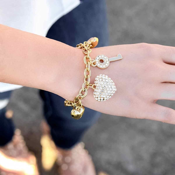 Guld Kædeled Armbånd - 7\" + 2\" Forlænger 14K Guldbelagt Kærlighedslåst Armbånd til Kvinder, med Krystal, Kærlighedshjerte, Nøgle, Lås, Charm Armbånd