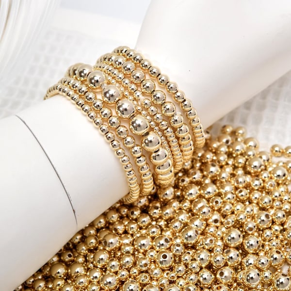 (Guld 4mm) 200st 18K Guldpläterade Distanspärlor, Runda Armbandspärlor, Sömlösa Släta Metallmässingspärlor, Hållbara Runda Distanspärlor för DIY Halsband Armb