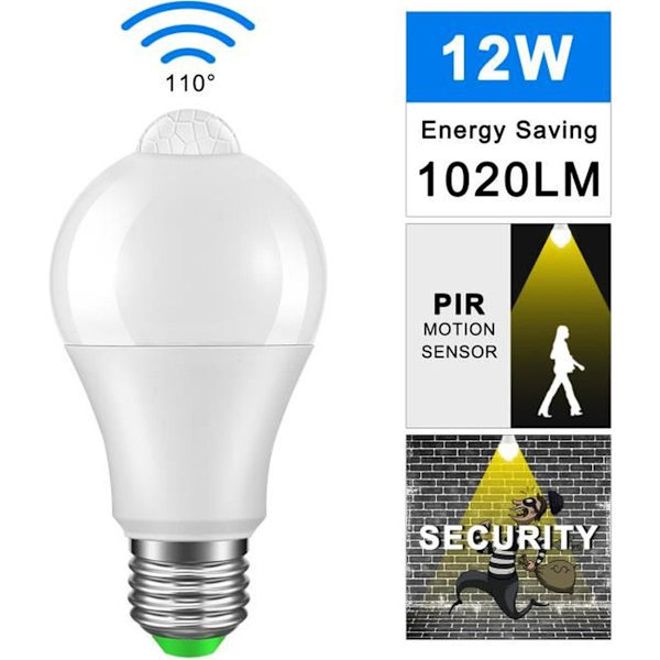 LED pære E27 12W PIR sensor energibesparende lampe 3500K varm hvid