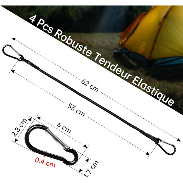 4 kpl Joustavia Naruja Karabinerilla, 60 cm Joustavia Naruja Koukuilla, Joustavia Naruja Leirintään, Pressuihin, Teltoille, Matkatavaralle, Autolle ja Pyörälle