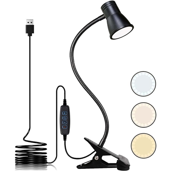 LED skrivebordslampe, 3 lysmoduser, USB-drevet øyevennlig nattlampe, 360° fleksibel klemmelampe for læring/arbeid/tatovering/lesing (svart)
