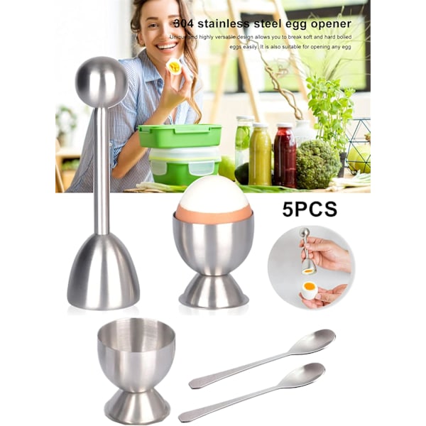Egg Cracker Topper Sett med 5 - Inkluderer 2 Eggkopper, 2 Skjeer og 1 Kutter - Rustfritt Stål Enkel Eggåpner