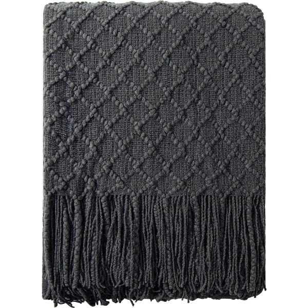 Akryl strikket tæppe, 47x67 tommer, mørkegrå ternet,