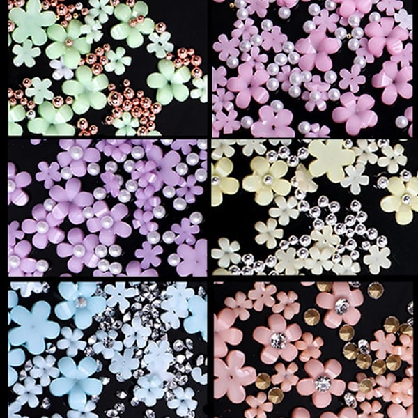 3D Blomster Nagelkonst Charm Färgglada Nagelcharm för Akrylnaglar Guld Silver Pärlor Nageltillbehör Rhinestones Vårblommor Ädelstenar Nageltillbehör för
