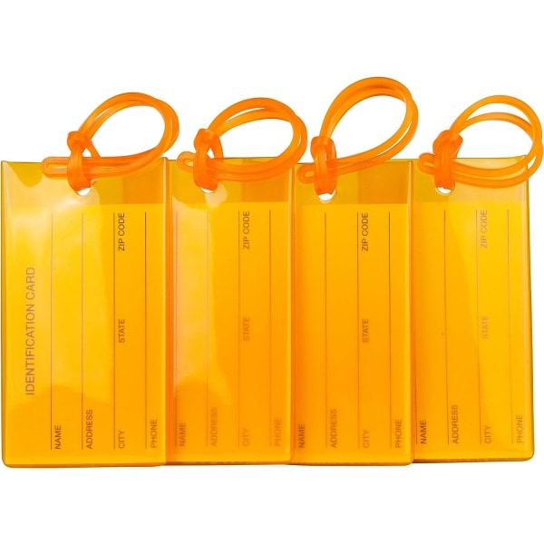 Pakkauksessa 4 matkatavaramerkkiä - oranssi, pehmeä silikonitunnistelappu