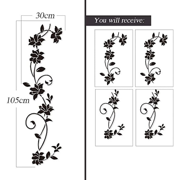 2 Set Väggdekaler 105*30cm Vinranka Blomma Svart PVC Design Vägg S